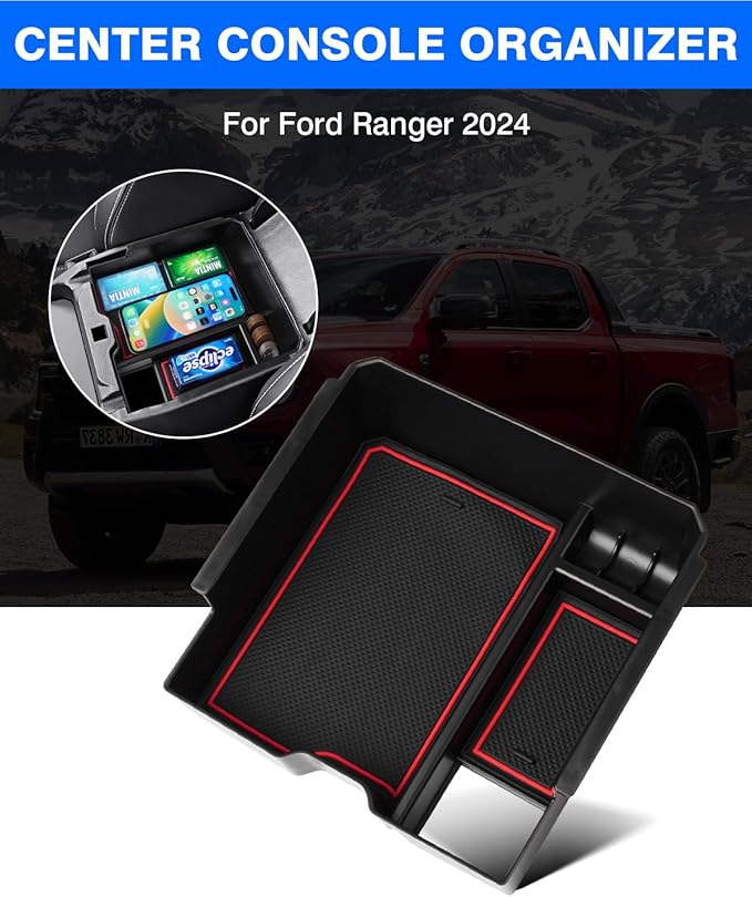 Autorder Center Console Organizer for 2024 2025 2026 Ford Ranger Accessories Armrest Storage Box Secondary Insert Tray with 2 Color Mats (ONIF FIT Electric handbrake Version)