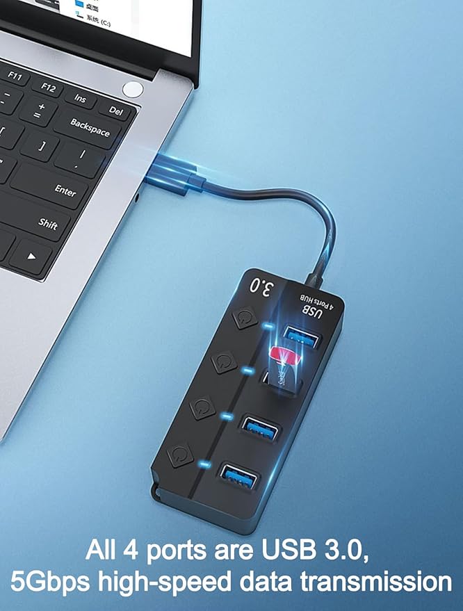 USB Hub - 3.0, 4-Port USB Station Hub with Individual Switches - Expander Hub for Laptop/MacBook, Flash Drives, Mobile HDD, Printer
