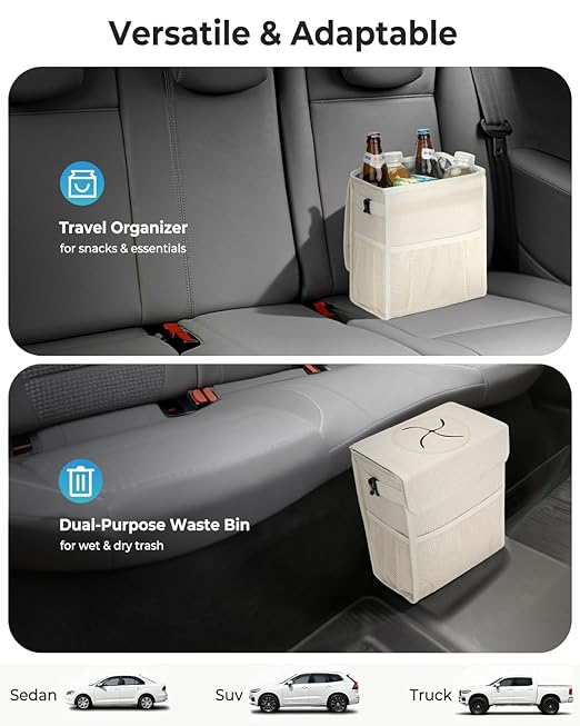 Corduroy Car Trash Can with Lid and Mesh Pockets - Leakproof Organizer,Multipurpose Waterproof Garbage Can/Trash Bin for Car(Off-White-2 Gallons)