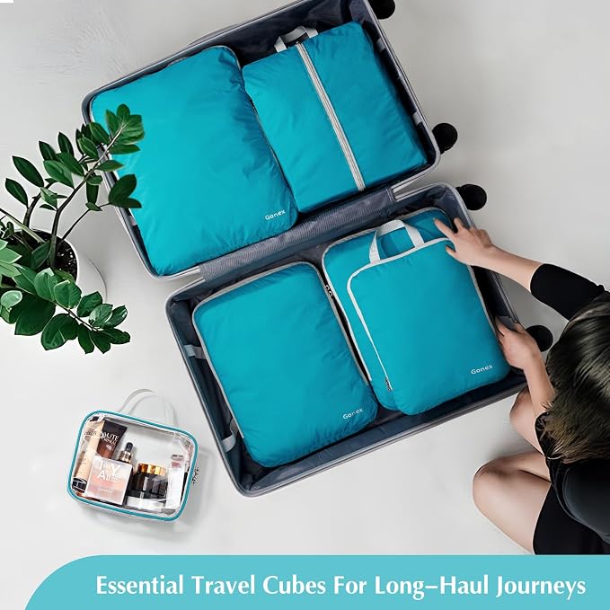 Gonex Compression Packing Cubes, 6pcs Expandable Storage Travel Luggage Bags Organizers with Shoe Bag, Clear Toiletry Bag (Blue)