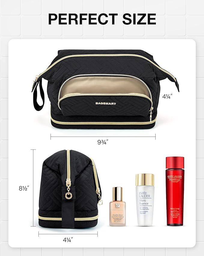 BAGSMART Travel Makeup Bag, Cosmetic Bag Make Up Organizer Case, Large Wide-open Pouch for Women Double Layers Purse for Toiletries Accessories Brushes Black