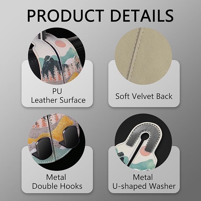 Blusabaca 2PCS Car Seat Back Storage Headrest Hooks, Sunrise Purse Holder Bags Hanger, PU Leather Double Metal Hook for Backseat Organizer, Women Car Accessories Organization