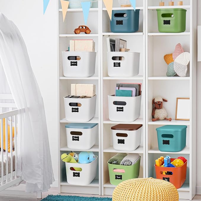 Thyle 12 Pack White Colorful Plastic Storage Bins with Lids 7 Quart Toy Storage Box Stackable Nestable Organizer Boxes with Handle and Labels for Classroom Shelf Bedroom Desktop Toys School Supplies