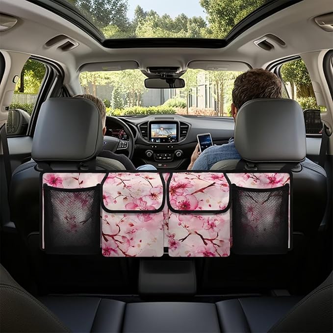 Pink Cherry Blossom Trunk Hanging Organizer Backseat Bag Foldable Cargo Storage with 4 Pockets 3 Adjustable Straps Keep Your Trunk Neat and Organized