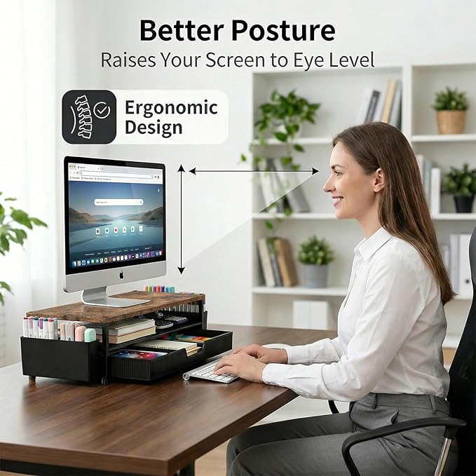 ECOLOVI Desk Organizer and Accessories, 2-Tier Computer Monitor Stand Rise with Storage Drawer & 2 Pen Holders, Laptop & Printer Stand for Desktop, Workspace Organizers for Office Supplies (Brown)