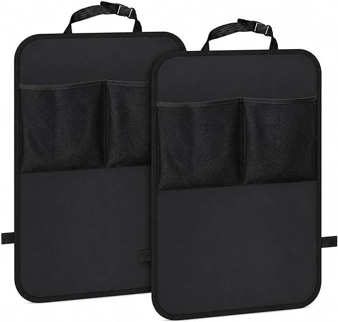Car Seat Back Protector with Mesh Storage Pockets, Water-Resistant Kick Mat Seat Back Organizer for Kids, Easy Clean, Universal Fit for SUV/Truck, Set of 2, Black (With mesh *2)