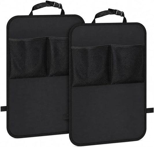 Car Seat Back Protector with Mesh Storage Pockets, Water-Resistant Kick Mat Seat Back Organizer for Kids, Easy Clean, Universal Fit for SUV/Truck, Set of 2, Black (With mesh *2)