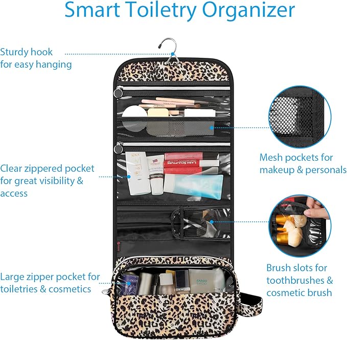 Fintie Portable Toiletry Cosmetic Travel Bag, Large Water Resistant Hanging Makeup Organizer Storage Pouch Case for Women Girls (Leopard)