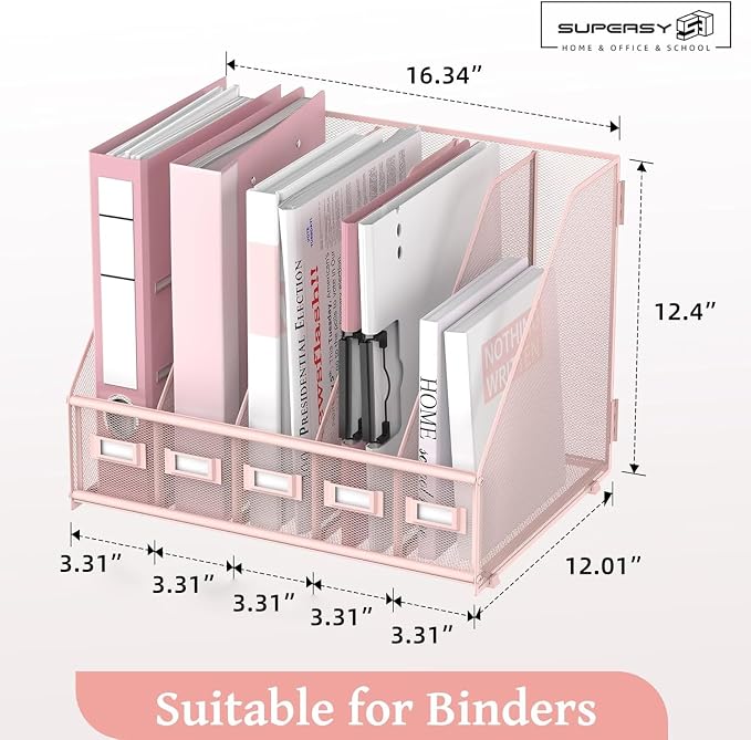 SUPEASY Desk Organizers Metal Desk Magazine File Holder with 5 Vertical Compartments Rack File Organizer for Office Desktop, Classroom, Home Workspace, Pink Plus