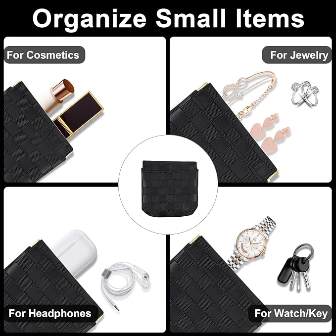 3Pcs Small Makeup Bag for Purse, Waterproof Portable Checkered Leather Makeup Pouch, Small Purse Pouches for Purse Small Coin Purse Organizer Pouches Snap Closure Pocket Cosmetic Bag for Women (Black)
