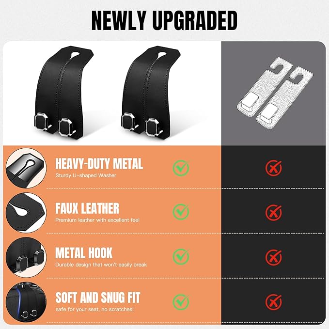 2PCS Car Hooks for Headrest, Faux Leather Purse Hook for Car Seat Back Organizers and Storage, Double Metal Purse Holder Bag Hanger, Universal Car Interior Accessories for Women Man