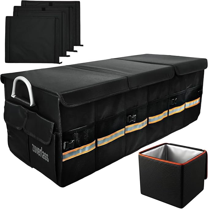 Car Trunk Organizer with Cooler Bag, 90L Portable Trunk Cargo Organizer for SUV Truck Sedan, 3 Compartments Collapsible Car Storage Box with Lid, 4 Removable Dividers