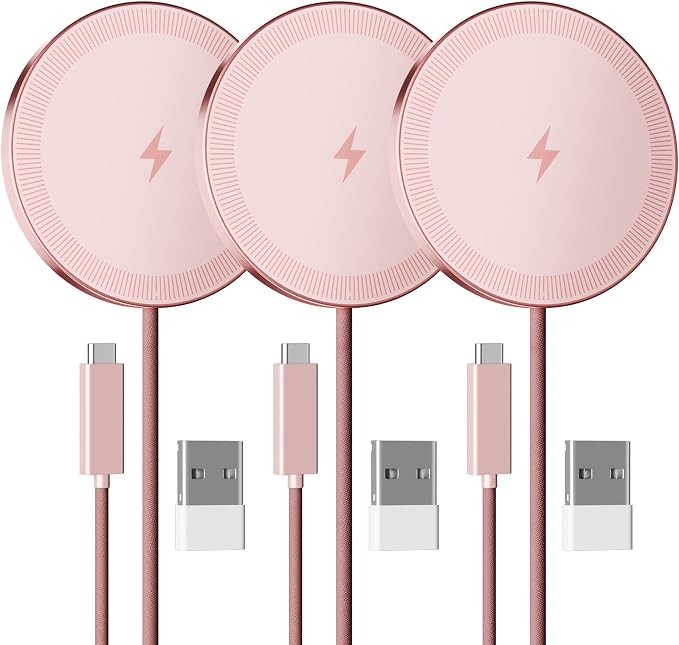 15W Wireless Charger for Apple MagSafe Charger, Magnetic Fast Charging Pad | Compatible for iPhone 17 16 15 14 13 12 Pro Max, AirPods-Slim Portable for Desk Bedside and Travel - 3 Pack, Pink