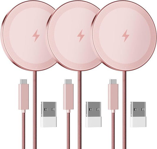 15W Wireless Charger for Apple MagSafe Charger, Magnetic Fast Charging Pad | Compatible for iPhone 17 16 15 14 13 12 Pro Max, AirPods-Slim Portable for Desk Bedside and Travel - 3 Pack, Pink