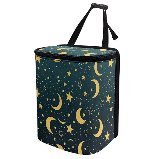 Car Trash Can with Lid Storage Pockets for Disposable Garbage Bag, Multipurpose Collapsible Car Organizer, Moon Star Print