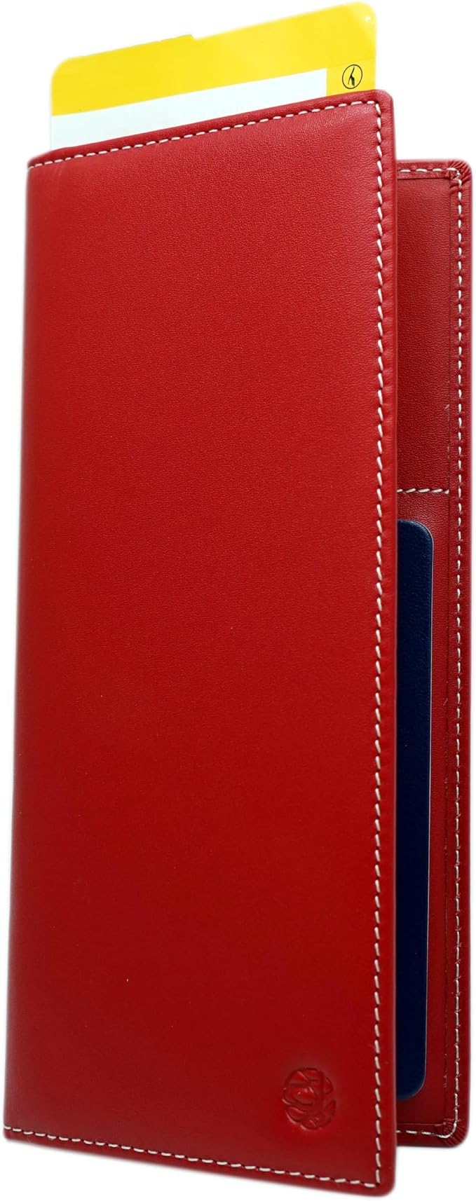RFID Blocking Genuine Plain Leather Long Slim Passport Holder with Boarding Pass, Card, Cash Slots (Red)