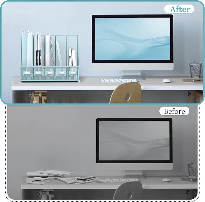 SUPEASY Desk Organizers Metal Desk Magazine File Holder with 5 Vertical Compartments Rack File Organizer for Office Desktop, Classroom, Home Workspace, Blue