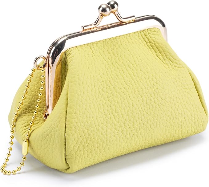 Genuine Leather Lipstick Holder Case, Cute Coin Purse for Women, Small Vintage Kiss Lock Jewelry Storage Organizer Change Bag Pouch (Lemon Yellow)