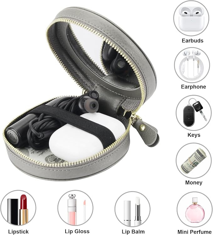 Bocasal Coin Pouch Mini Lipstick Cosmetic Bag with Airtag Holder Mirror, Leather Zipper Travel Makeup Bag Organizer Keychain Ring Clasp for Keys Earbuds Earphone Lip Gloss Chapstick Women Girls (Grey)