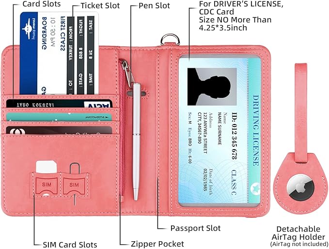 WALNEW AirTag Passport Holder, PU Leather Airtag Wallet RFID Blocking Passport Cover Travel Essentials Case for Women Men (Dark Pink)