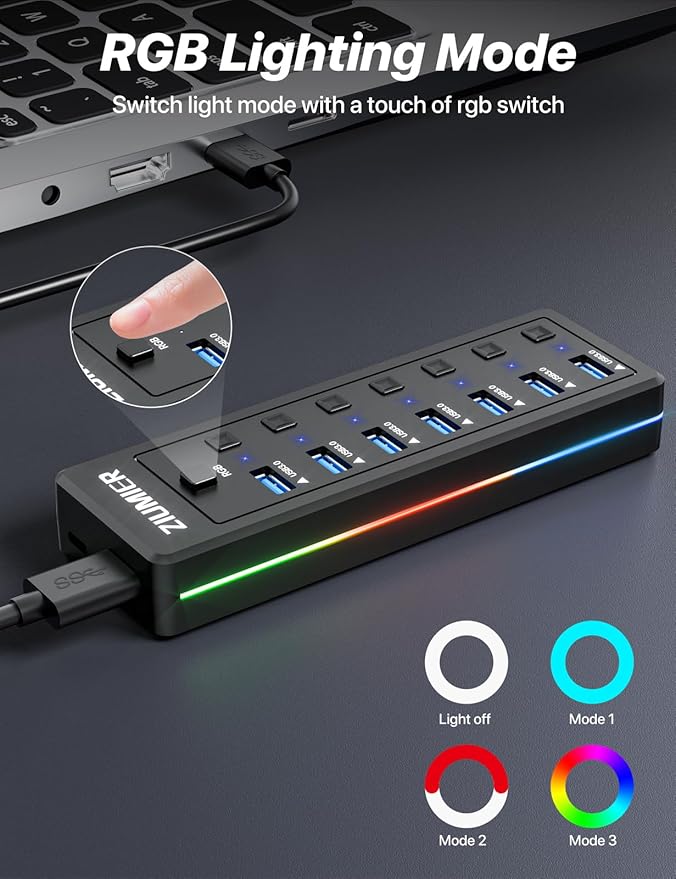 USB Hub 7 Port, USB 3.0 Hub with RGB LED Strip -USB 3.0 Data Transfer Ports,Individual LED On/Off Switches for Laptop, PC, Mouse, Keyboard, Hard Drive or More USB Devices.