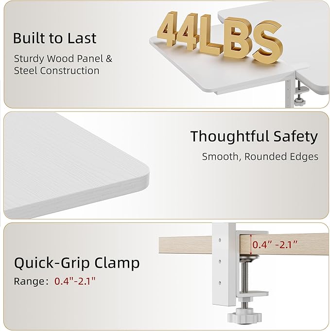 Desk Extender, 15-inch Clamp-On Desk Shelf, Height-Adjustable Desktop Shelf Organizer for Monitors Office and Gaming Accessories, Arm Support Table Extension, 44lbs Heavy Duty, White