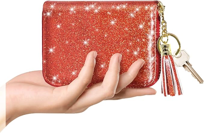 Coco Rossi Women's Small Credit Card Wallet RFID Cute Glitter Card Holder for Women, Red