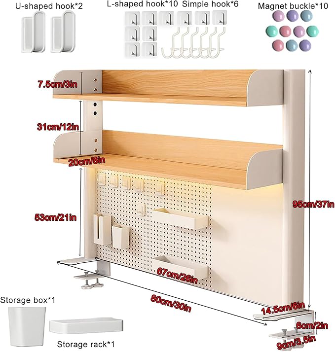 Desktop Bookshelf, Desk Extender Pegboard Workstation, 2 Tier Small Desk Extension Shelving Unit, Multipurpose Desktop Hutch Storage Organizer for Dorm Office Home(Yellow,80x20x95cm/30x8x37in)