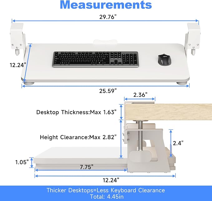 XINLEI Keyboard Tray Under Desk Large C-Clamp 25.6” (30” Including Clamps) x 11.8” Slide-Out Platform Computer Drawer Pull Out Keyboard & Mouse Tray White DSF4W