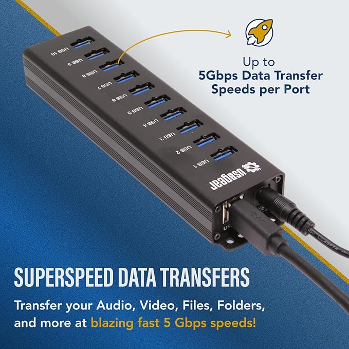 USBGear 10-Port USB Hub 3.2 Gen 1 ??Mountable SuperSpeed Data Hub with USB Ports for Laptop, PC, Desktop, and More, 5V/4A Power Adapter with Type-A to Type-B Cable (3ft), Computer Accessories