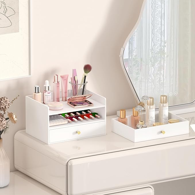 Bamboo Desk Organizer - Stackable, No Assembly Required, Ideal for Office/Home Use - Perfect for Toiletries, Stationery, Accessories. (White, Two level drawer box with sides)