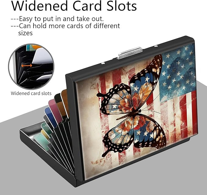 Credit Card Holder, American Flag Butterfly Design Mini RFID Blocking Aluminum Wallet Slim Metal Hard Case Shell Travel Wallet ID Case Small Credit Cards Case Business Cards for Women Men