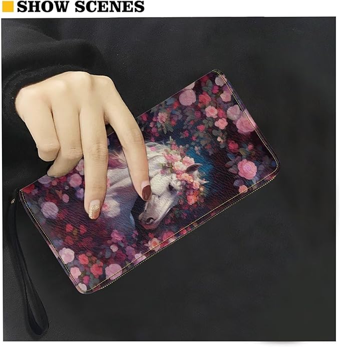 Bulopur Rose Floral Horse Women's Wallet Wristlet Ladies Phone Purse RFID Blocking Card Holder Grip Hand Strap Double Zip PU Leather Waterproof Handbag Purse Gifts