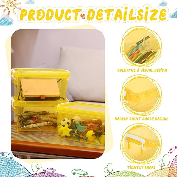Wenqik 6 Pack Colorful Plastic Storage Bins with Lids 4 Quart Small Storage Latch Box Stackable and Nestable Clear Organizer Bins with Latching Handle and Buckle for Organizing(Yellow)