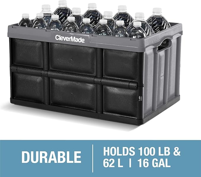 CleverMade Collapsible Storage Bins 62L (3-Pack) – Heavy Duty Collapsible Plastic Storage Bins, Large Stackable Folding Storage Bins for Garage, Car, Grocery & Home Organization - Obsidian