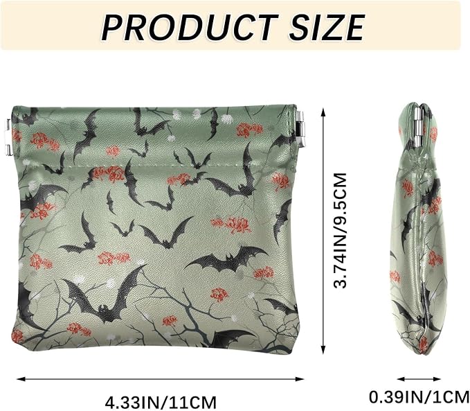 Bats Women's Waterproof PU Leather Coin Purse, Slim Travel Wallet with Zipper - Compact Card Holder & Jewelry Organizer for Cash, Keys, Lipstick
