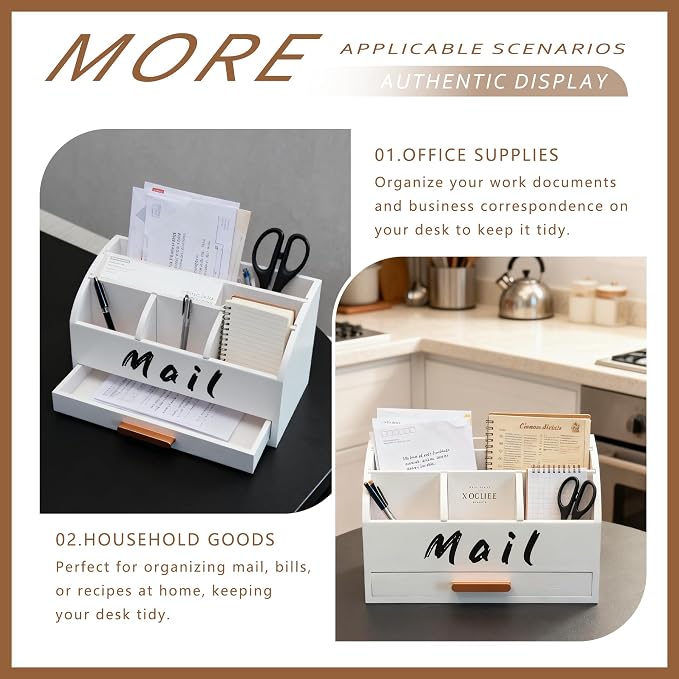 goprety Mail Organizer for Desk - Countertop Bill Holder with File Storage, Wooden Desktop with Drawers - Home & Office Mail Management System
