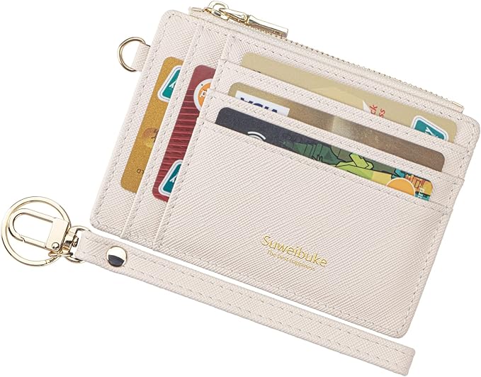 Wikavanli Women Slim Rfid Blocking Credit Card Case Holder Wristlet Zip ID Case Wallet Small Compact Leather Wallet Coin Purse with Keychain (Beige)