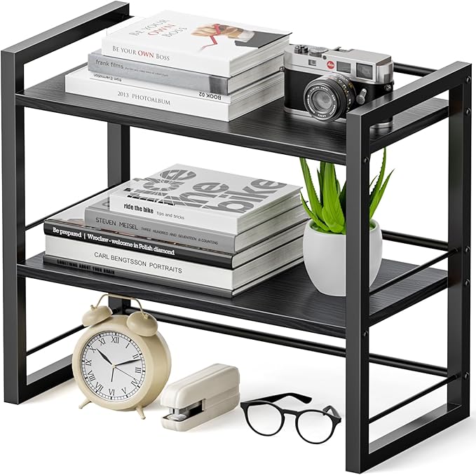 Office Desk Shelf Organizer, Wood Desktop Bookshelf Supplies Storage Rack, Shelf for Top of Desk and Dresser (Pure Black-2 Tier)
