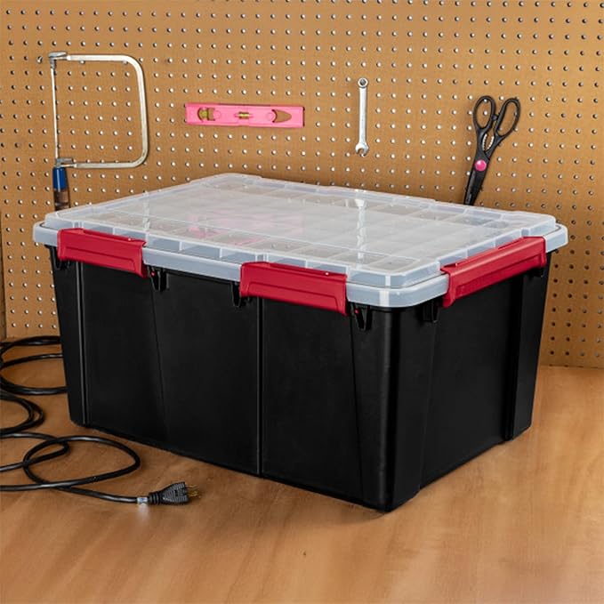 Sterilite 16 Pack Gasket Box, Stackable Plastic 20 Gallon Storage Container with Lids, Black - Waterproof and Dustproof Tote for Home Organization