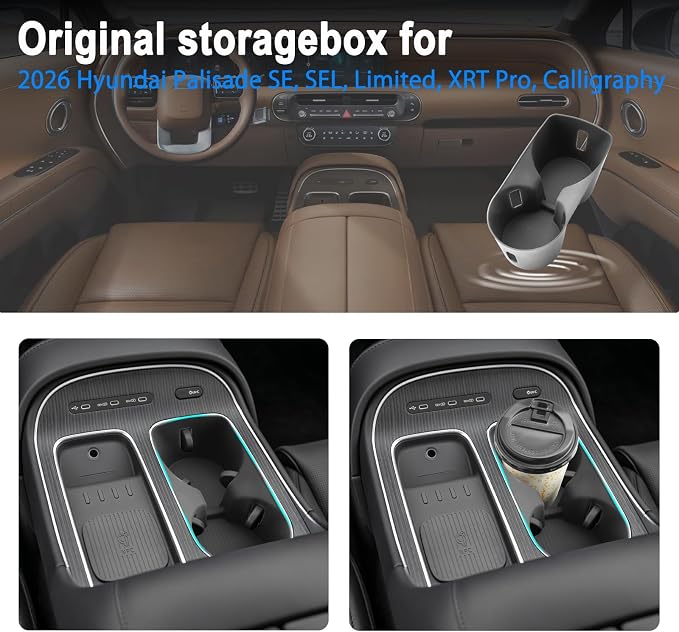 SHAOHAO 2 Pcs for 2026 Hyundai Palisade Center Console Organizer for 2026 Hyundai Palisade Calligraphy Accessories Console Tray & Cup Holder 2026 Palisade LX3 Armrest Insert Box (Only for 7-Seat)