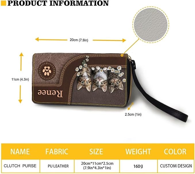 Bulopur Custom Wallet with Name for Women Cute Cat RFID Wristlet Wallets Zip Around Cash Slim Compact Clutch Long Credit Card Holder PU Leather Handbags Gifts for Cat Owner