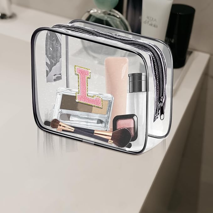Clear Toiletry Bag,Portable Travel Toiletry Bag,Chenille Letter Cosmetic Bag with Zipper,Waterproof Makeup Bag,Cosmetic Storage Organizer for Women Men,Travel Essentials (Black,R)