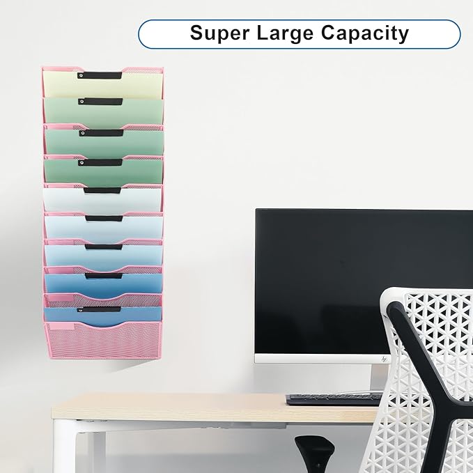 EASEPRES 10 Pocket Mesh Hanging Wall File Organizer, Wall Mounted Mail Paper Document Folder Holder, Clipboard Storage Organization Magazine Rack with Nametag Label for Office Home School, Pink