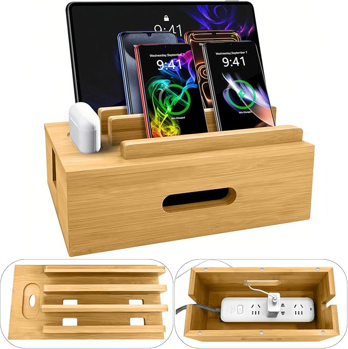 Bamboo Charging Station for Multiple Devices, Cable Management Box for Power Strip, USB Charger & USB Charging Hub/Station, Wood Docking Station Desktop Organizer Bedside Table Organizer