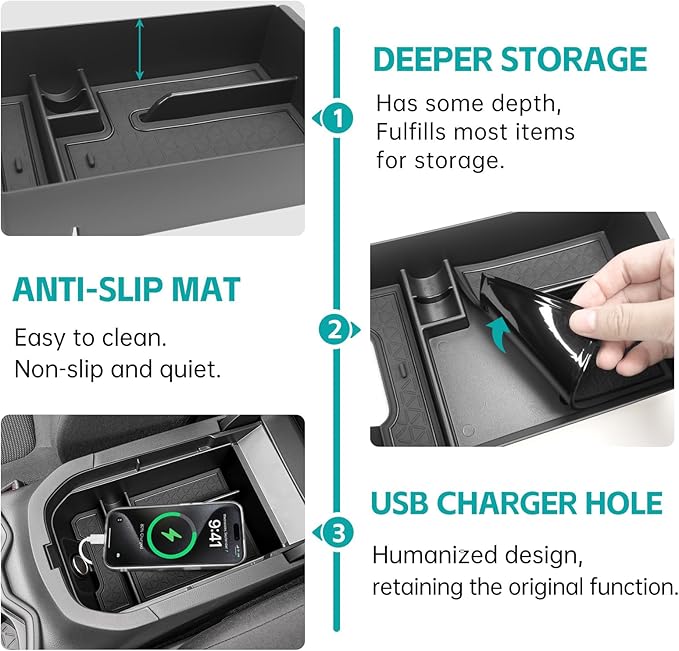 Center Console Organizer Tray Compatible with 2019-2025 Toyota RAV4 & Prime Accessories, ABS Material Insert Armrest Secondary Storage Box for RAV-4 Interior Accessories, Black