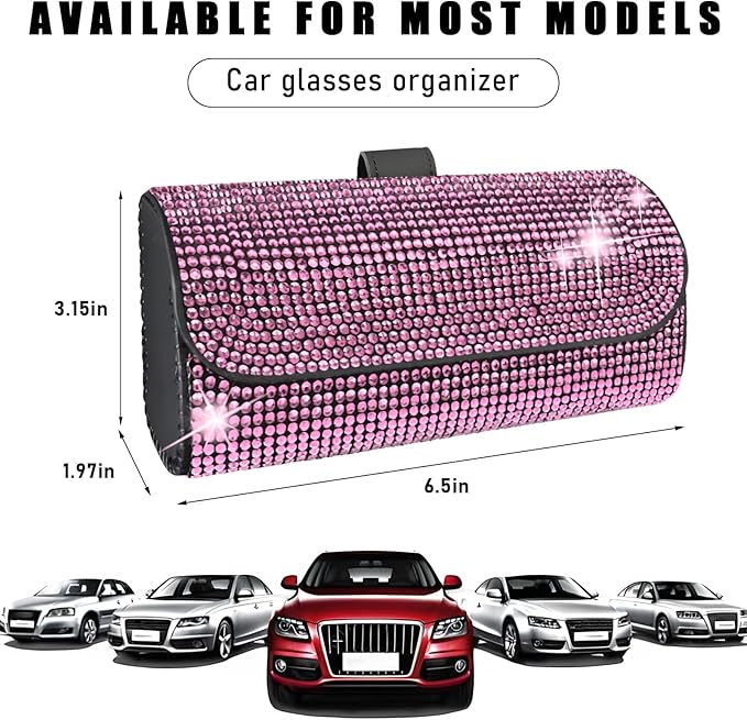 Ohleats Bling Sunglasses Holder for Sun Visor, Sparkling Glasses Sun Visor Organizer Case with Hidden Magnetic Closure, Auto Visor Crystal Eyeglasses Storage Case, Car Accessories (Bling Pink)