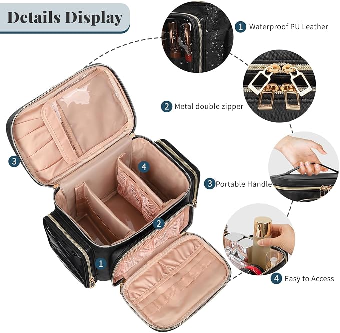 Makeup Bag Set, Portable Travel Makeup Bag Organizer for Women Cute Cosmetic Pouch Large Capacity with Makeup Brush Compartment, Cosmetic Travel Bag with Divider and Handle Toiletry Bag - Black