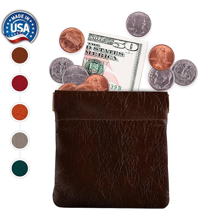 Nabob Leather Genuine Leather Squeeze Coin Purse, Coin Pouch Made IN U.S.A. Change Holder For Men/Woman Size 3.5 X 3.5 (Chestnut)