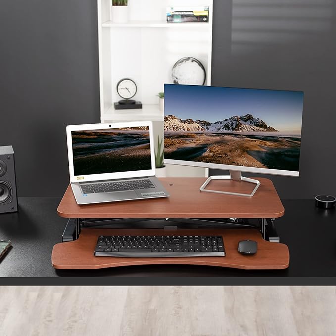 VIVO 32 inch Desk Converter, K Series, Height Adjustable Sit to Stand Riser, Dual Monitor and Laptop Workstation with Wide Keyboard Tray, Dark Walnut Top, Black Frame, DESK-V000KA